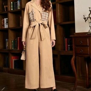 (New) Notched Collar Plaid Panel Self Belted Wide